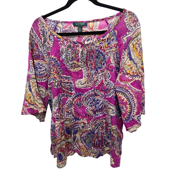 LAUREN RALPH LAUREN Women's Paisley Print 3/4 Sleeve Boho Fairy Blouse Size L/P - Picture 1 of 9